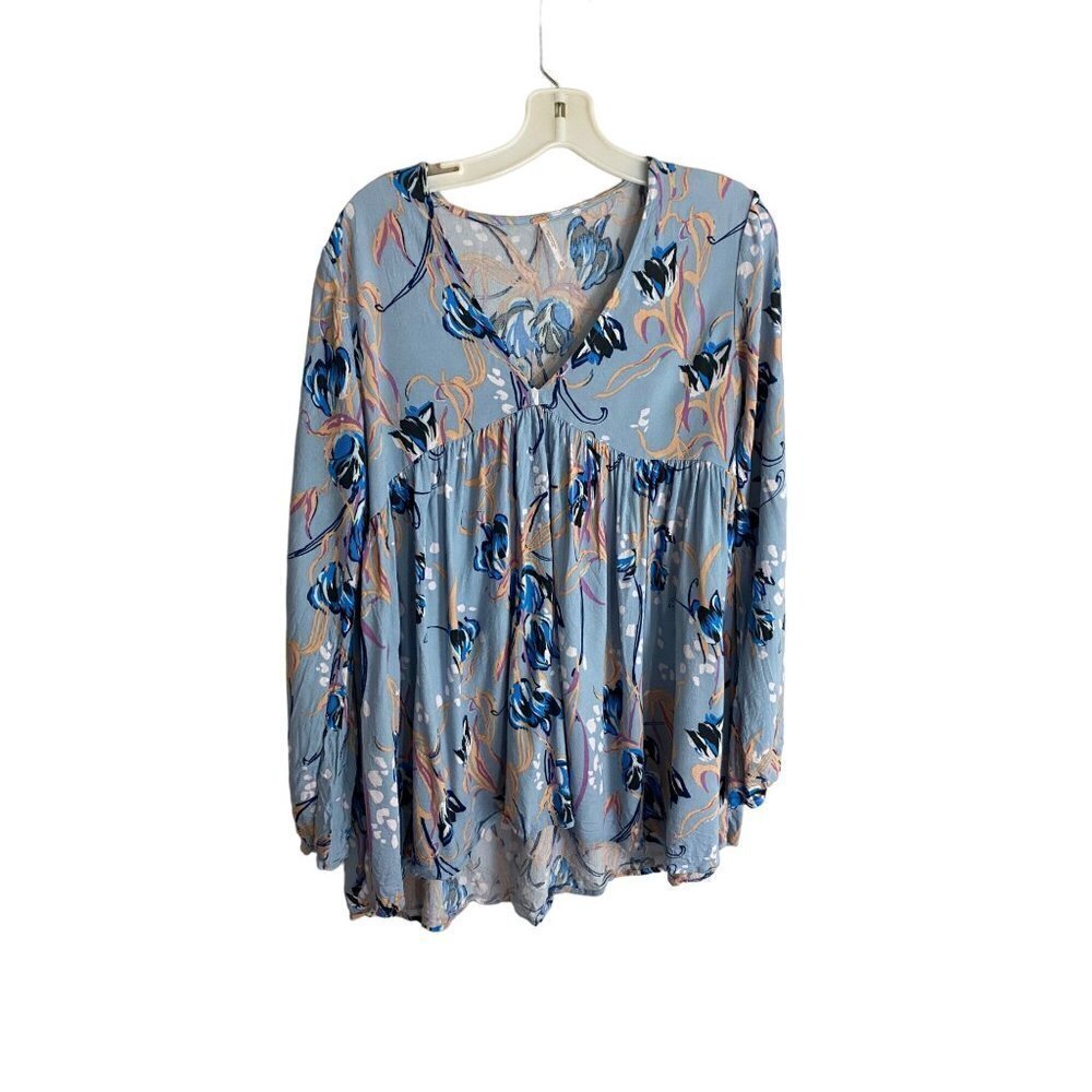 Free People Women's Blue Long Sleeve Floral V Neck Blouse - XS